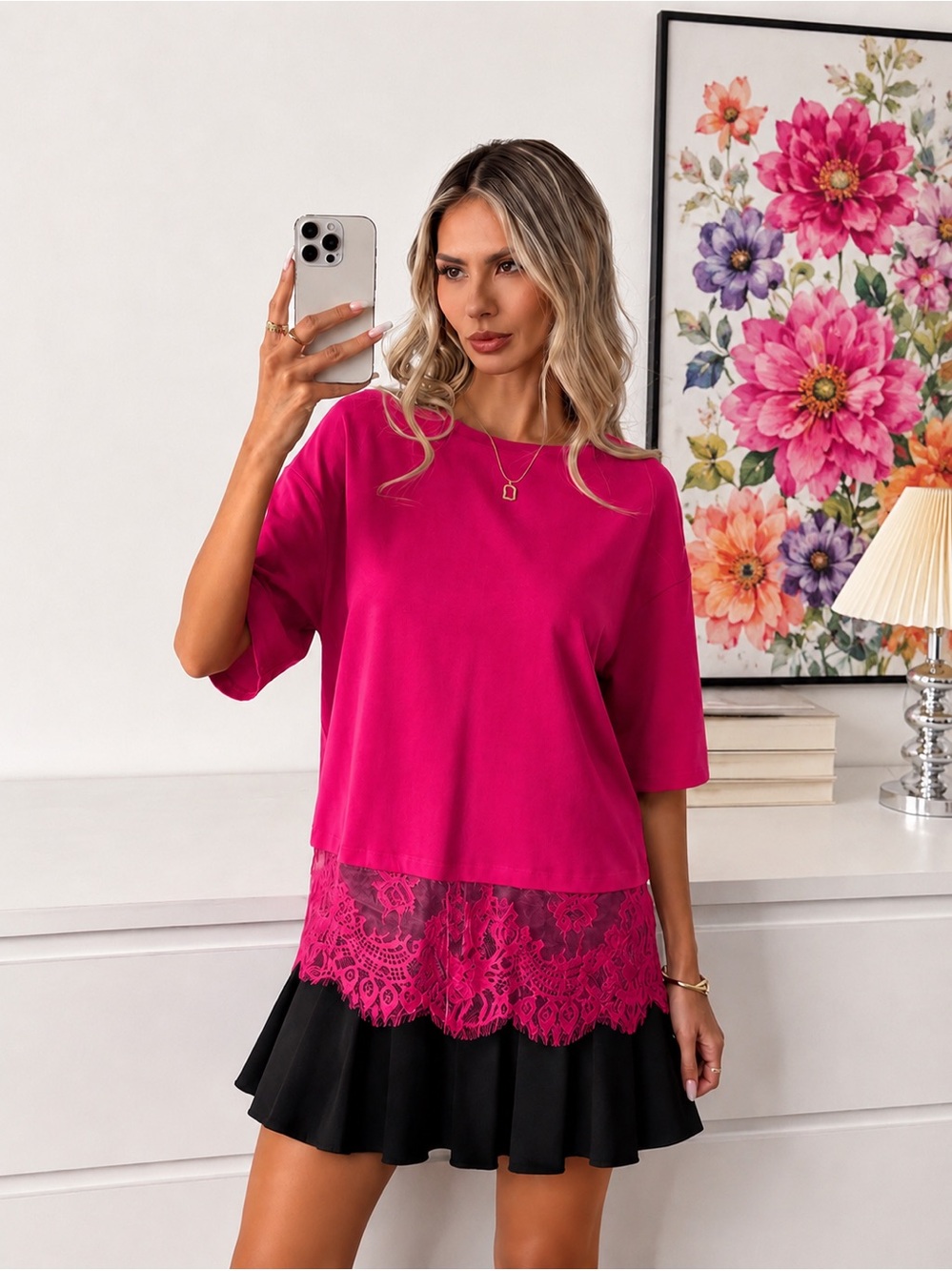 🖤 Astrid Fuchsia Pink Lace Hem Oversized Cotton Blend Tee | M | NWT